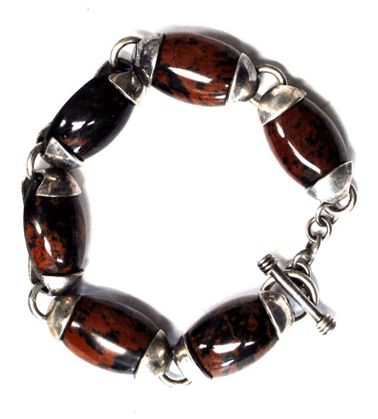 Sterling Silver Oval Mahogany Obsidian Open Side Bezel Bracelet 14mm 8"  Toggle