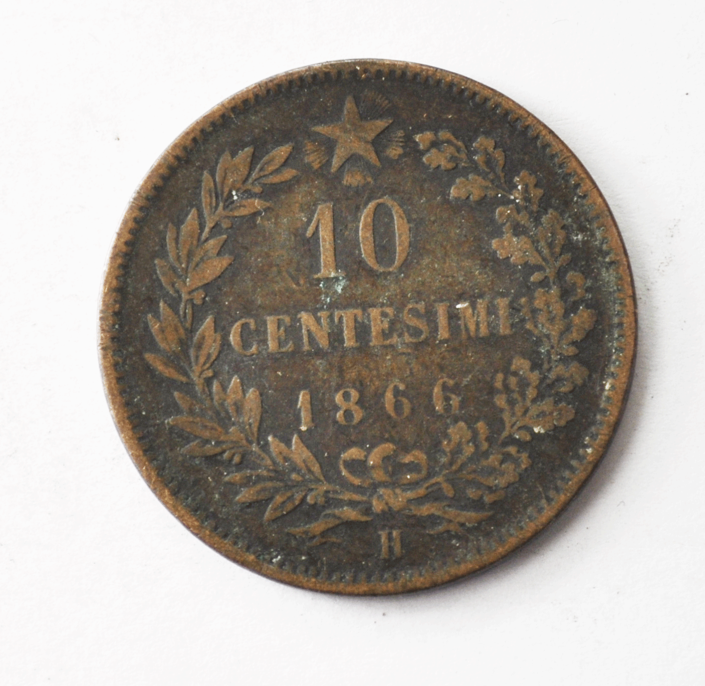 1866 H Italy 10 Ten Centesimi Copper Coin  KM# 11.3