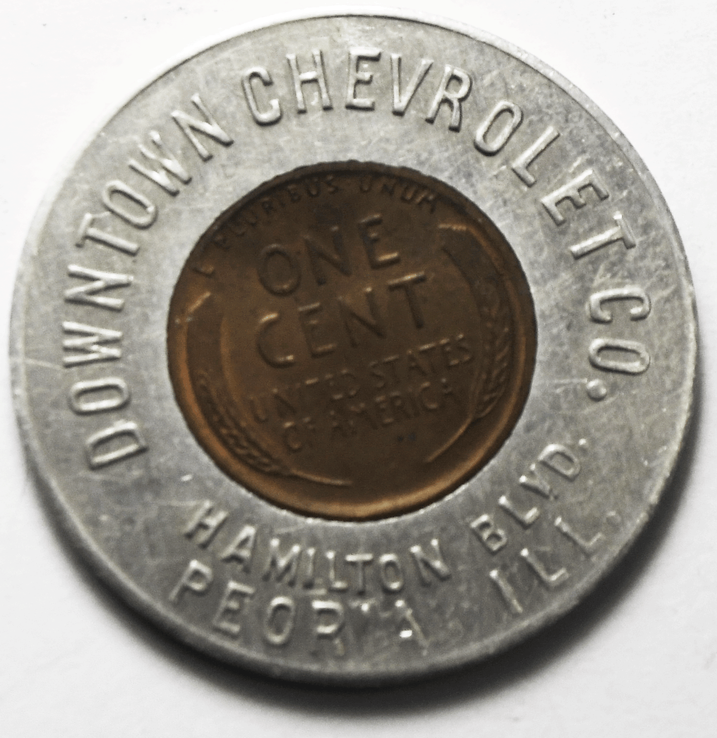 Encased Penny 1c 1948 Wheat Penny Bell Chevrolet Hamilton Blvd Peoria Illinois