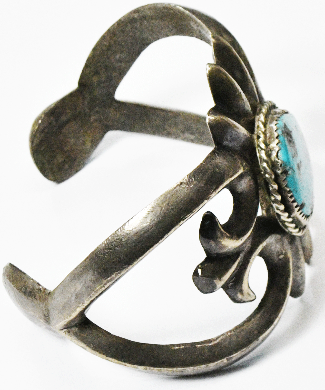 Antique Sterling Sand Cast Spiked Edge Turquoise Scroll Cuff Bracelet 52mm