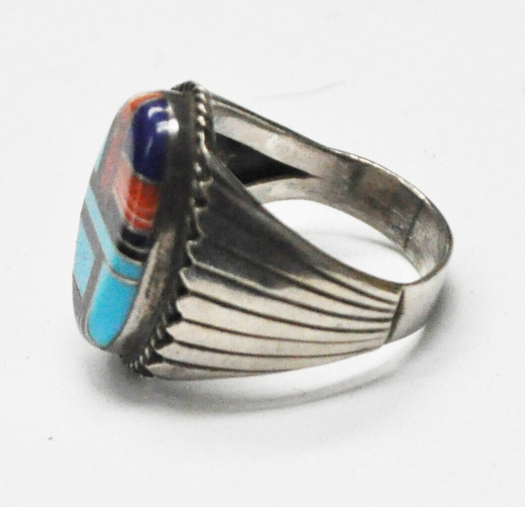 Antique Sterling Silver YJ Turquoise Spiny Oyster Inlay Ring 23mm Size 11