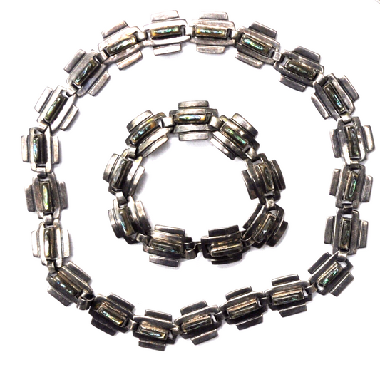 Sterling Silver Taxco JC Abalone Stripe 7" Bracelet & 15.5" Necklace 15mm