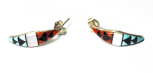 Sterling Silver Zuni Inlay Triangle MOP Half Hoop Curved Pierced Earrings 20mm