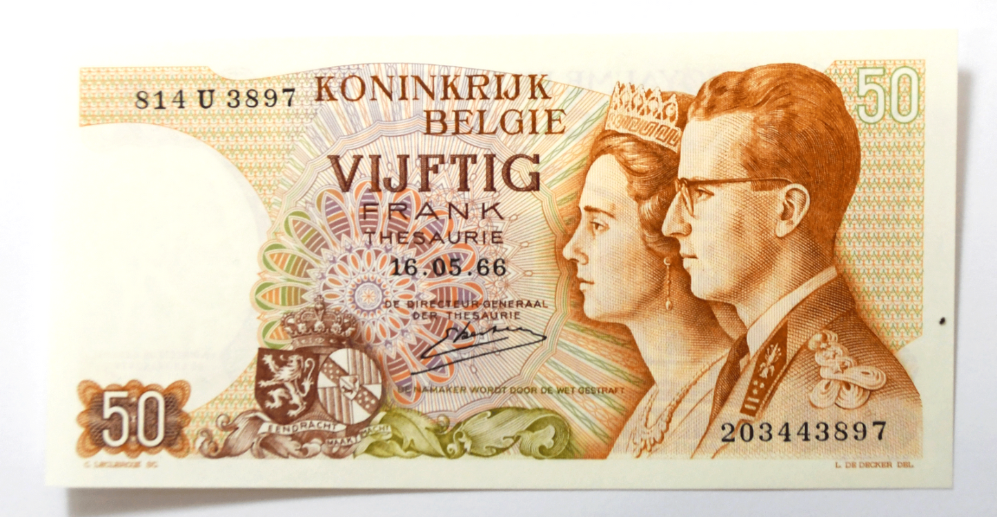 1966 Belgium 50 Fifty Francs Uncirculated Banknote 814 U 3897