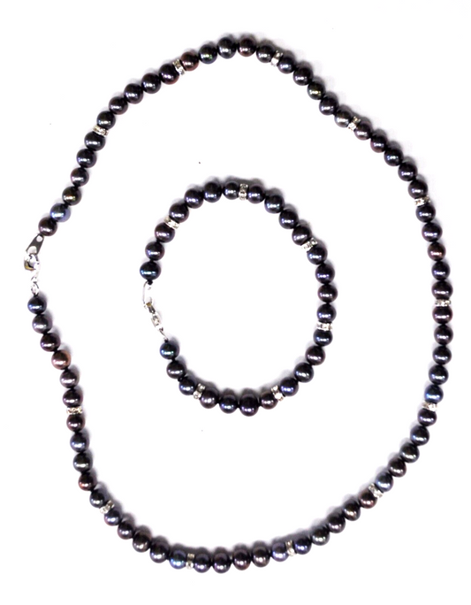 Sterling Silver Tahitian 6mm Pearl CZ 18" Necklace 7.5" Bracelet Set