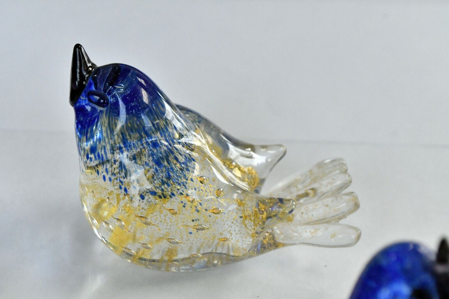 Set of 2 Hand Made Glass Songbirds Blue and Gold Flake 3 3/4" from Tail to Beak