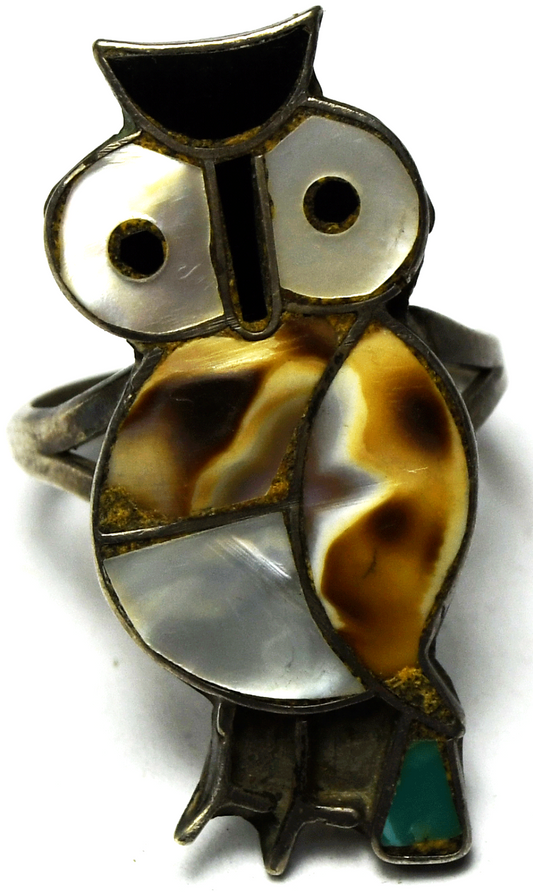 Antique Sterling Owl Inlay MOP 32mm Size 7