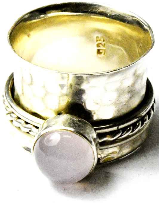 Sterling Silver Triple Spinner Pink Opal Hammered Band 15mm Ring Size 7-1/2