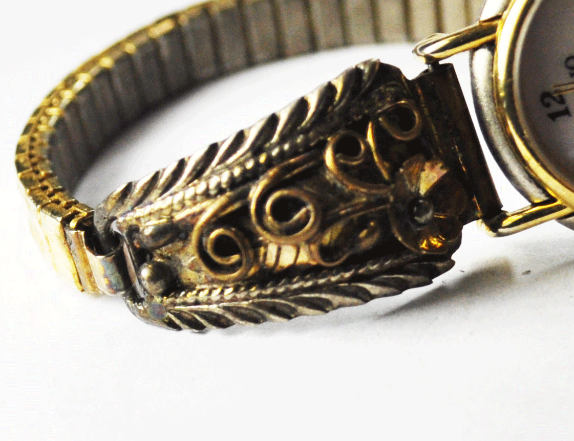 Navajo Quartz MOP Wristwatch 26mm VV Sterling Silver Two Tone Floral Strap 12mm