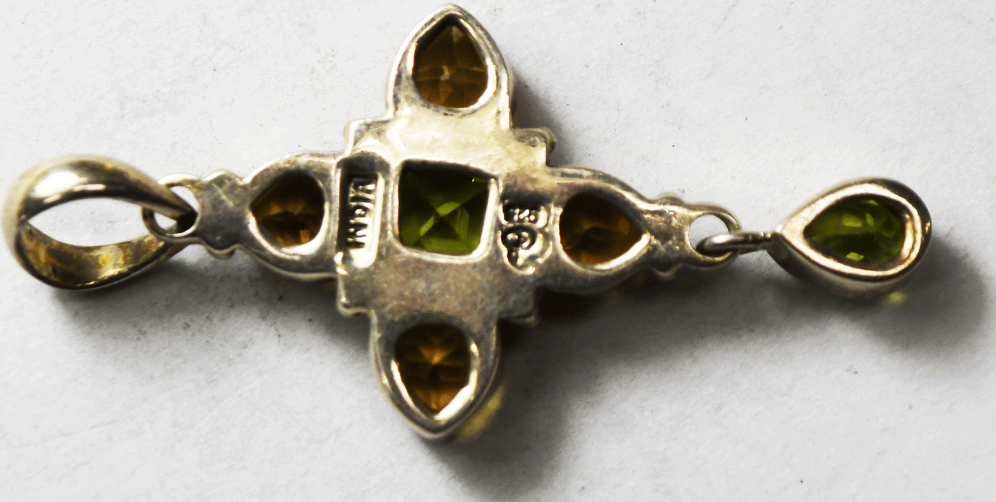 Sterling Silver Smoky Quartz Citrine Green & Orange Pendant 46mm x 21mm