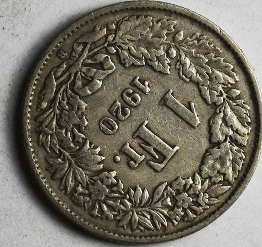 1920 B Switzerland One Franc Silver Coin KM# 24