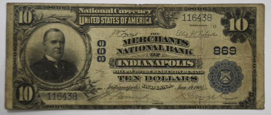 1902 $10 National Currency Note 116438 Indianapolis Indiana 869 Plain Back