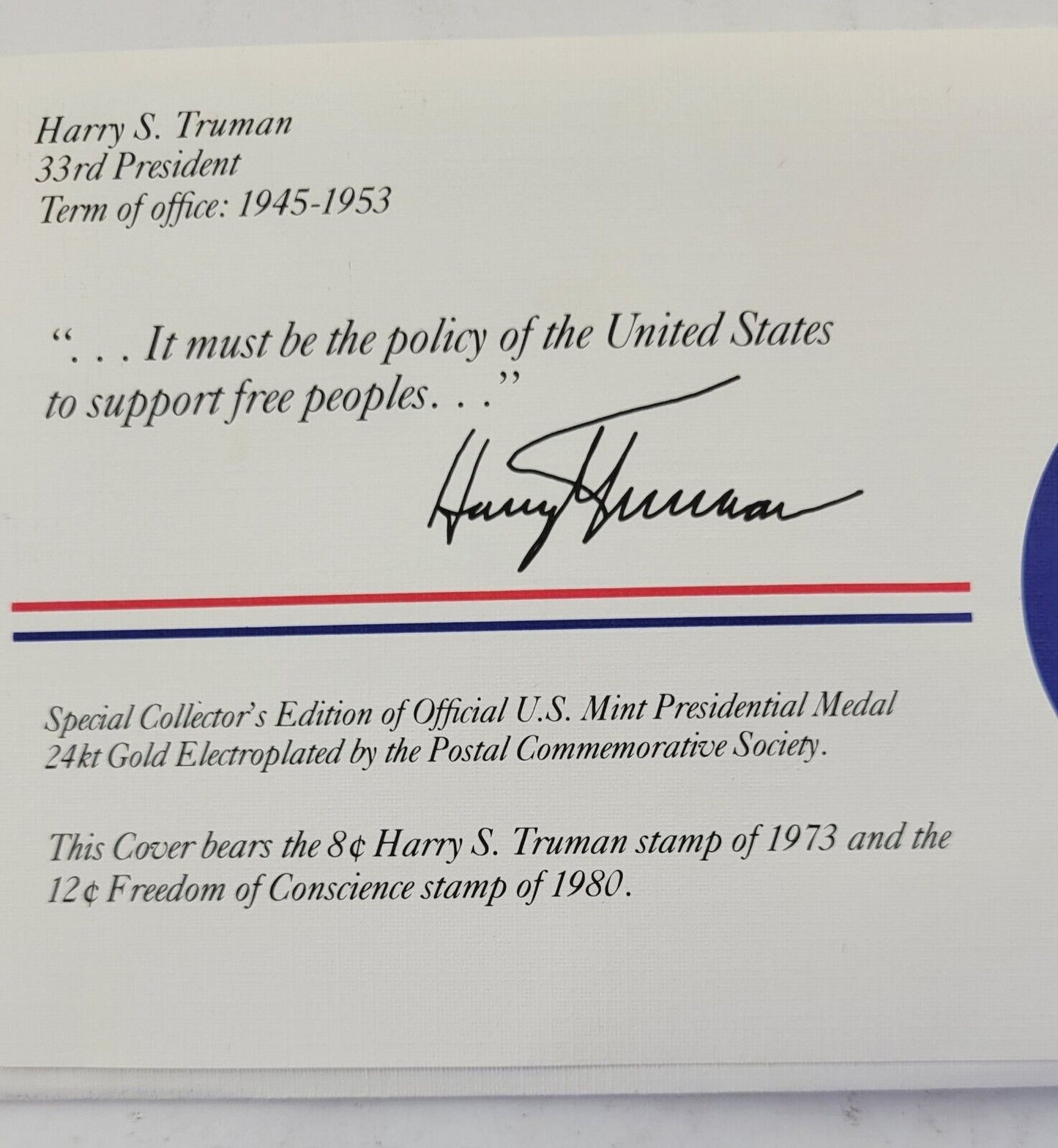 Harry Truman Presidential Covers Medal Postal Commemorative Society Gold Plated