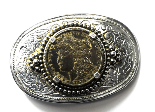 1880 $1 Morgan Silver Dollar Base Metal Oval Belt Buckle 2-3/8" x 3.5"