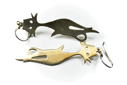 Beautiful Sterling Silver Tall Skinny Sterling Cat Earrings Sillhoutte 2.5" 15mm