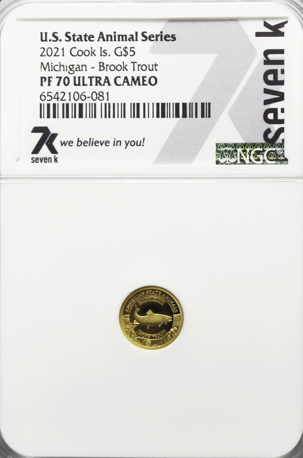 2021 $5 Cook Is Gold .5g Animal Series 7k NGC PF70 UC Michigan Brook Trout
