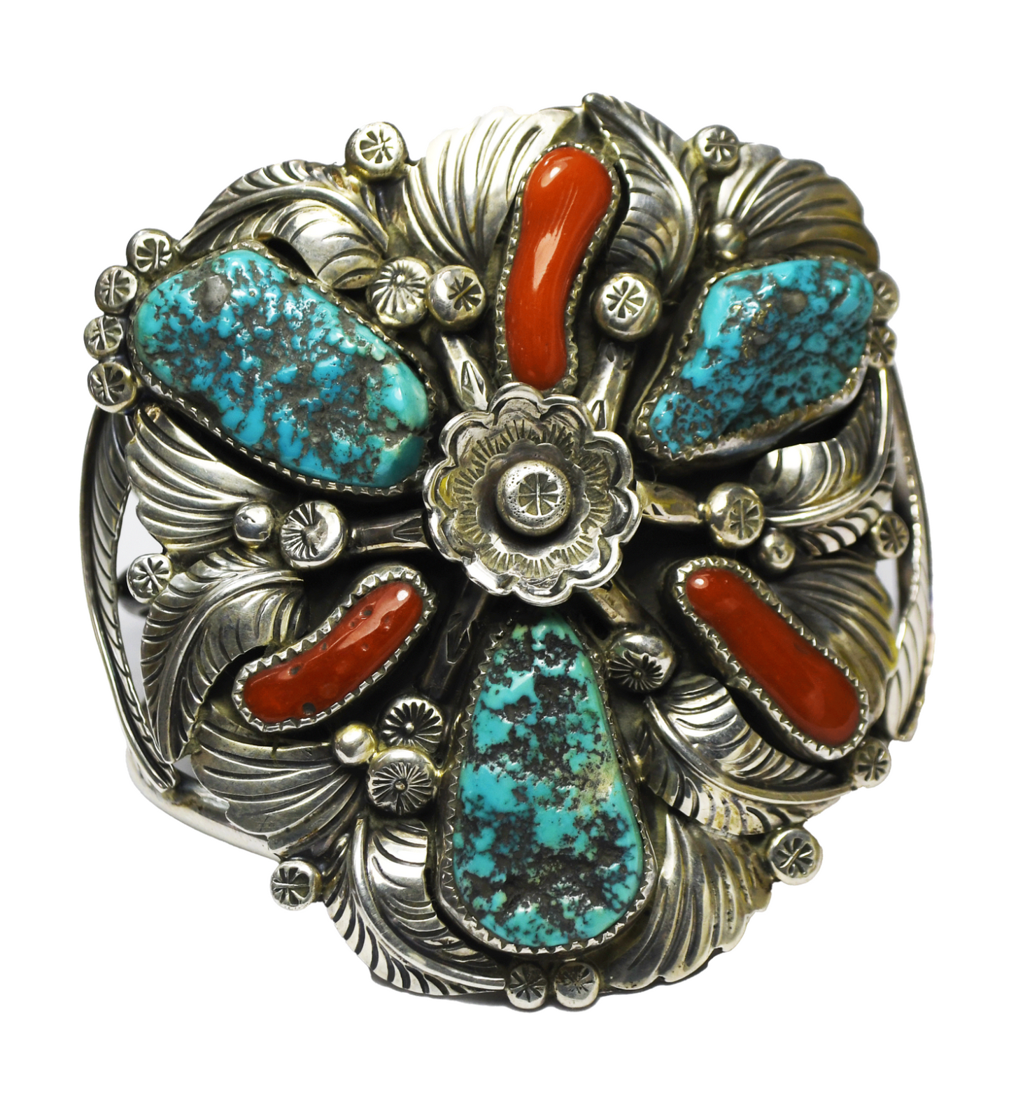 Sterling Large Heavy Flower Coral Turquoise 71mm Cuff Bracelet 7" Wrist