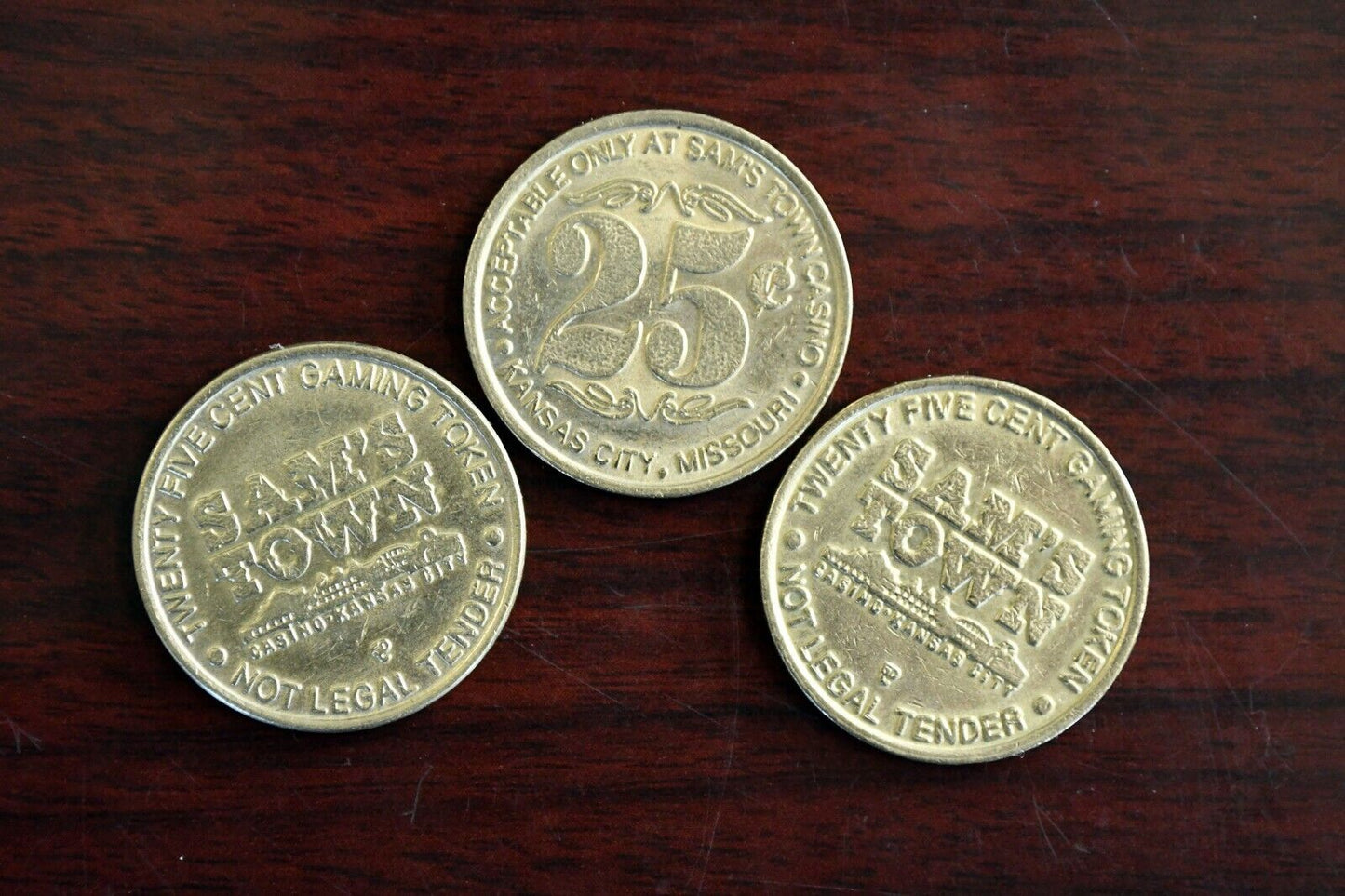 (3) Sam's Town Twenty Five Cent Slot Gaming Token Kansas City Mo.