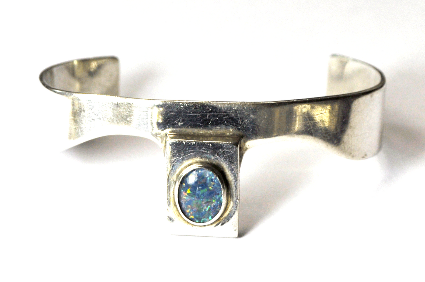 Elegant Sterling Silver Black Opal Wave Cuff Crown Bracelet 5.25" 23mm