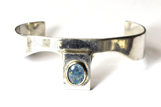 Elegant Sterling Silver Black Opal Wave Cuff Crown Bracelet 5.25" 23mm