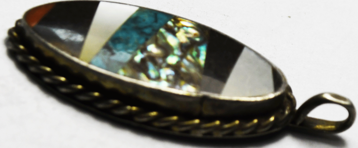 Sterling Silver Vintage Inlay MOP Turquoise Stripe Pendant 40mm x 16mm