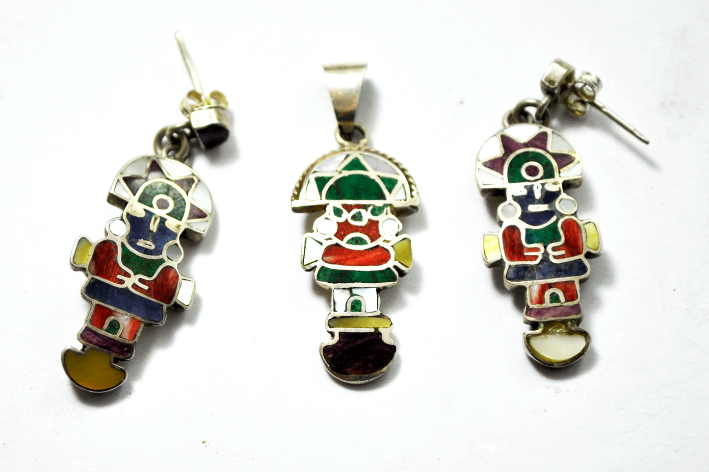950 Silver Inlay Ceremonial Peruvian Tumi Inlay Pendant & Earrings Set 1.5"