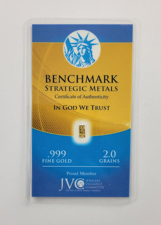 2 Grain .999 FINE GOLD BAR BENCHMARK STRATEGIC METALS Certified USA Sealed