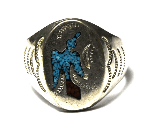 Sterling Silver Sand Cast Zuni Bird Chip Inlay Ring 19mm Size 10