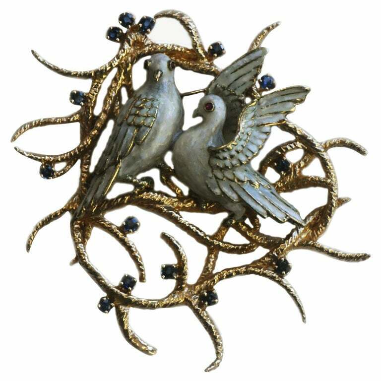 Vintage 14kt Gold and .70ct Sapphire Brooch of Enameled Turtle Dove Birds 2-3/8"