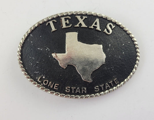 Vintage Lone Star State Texas State Belt Buckle Black Oval Worn 4 x 2 3/4"