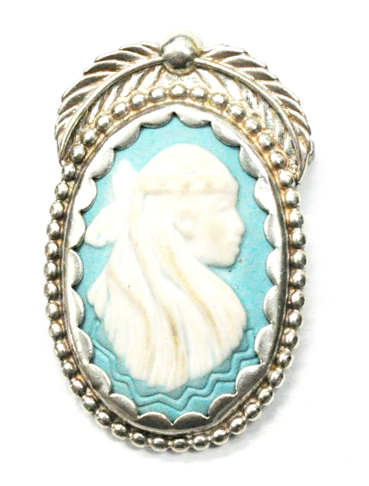 Sterling Silver Carolyn Pollack Blue Pottery Cameo Pendant 52mm x 34mm Brooch