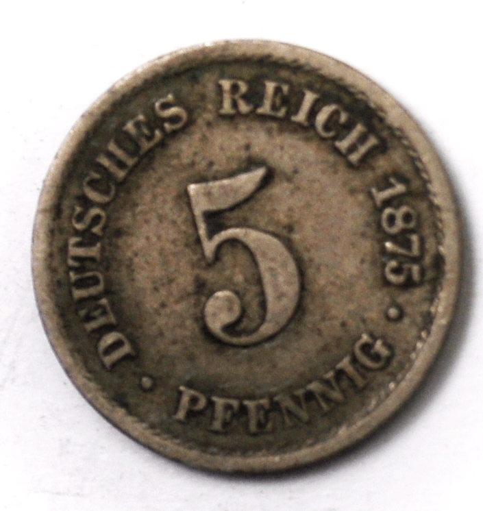 1875 B Germany Empire 5 Five Pfennig Copper Nickel Coin KM# 3