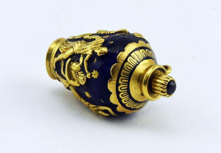 18K Gold & Sapphire Enameled Brevetto Italian Perfume Bottle Greek Urn Pendant
