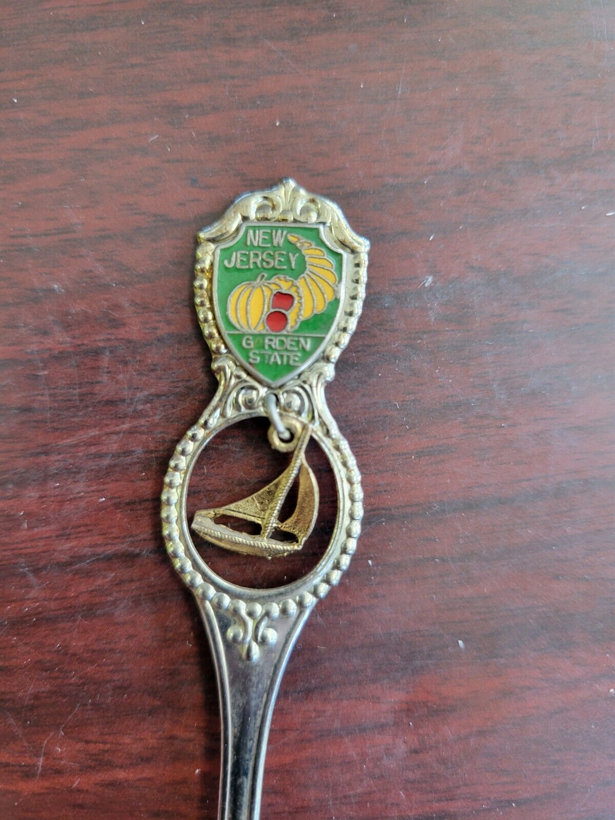Vintage Souvenir Spoon New Jersey Enameled Gold Tone Sailboat Newark Trenton