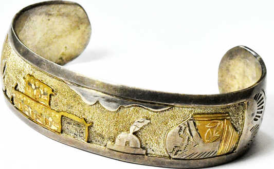 WHT Sterling Two Tone Story Teller Landscape Cuff Bracelet 19mm 7" Wrist