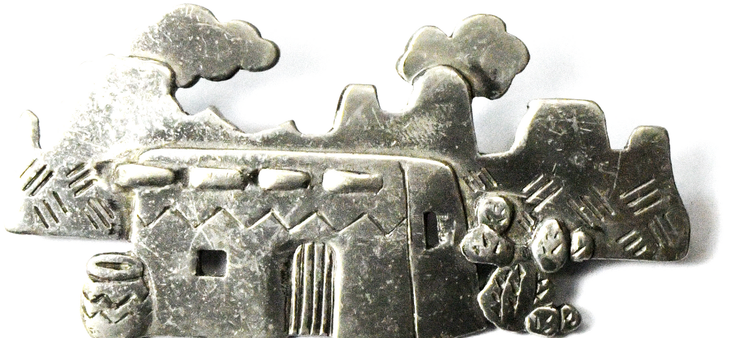 Pewter 1988 Jonette Pueblo Village landscape Brooch Pin 64mm x 32mm