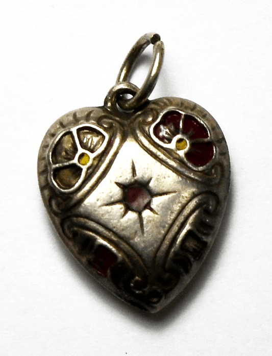 Sterling Vintage Walter Lampl Rhinestone Enamel Puffy Heart Charm 17mm x 14mm