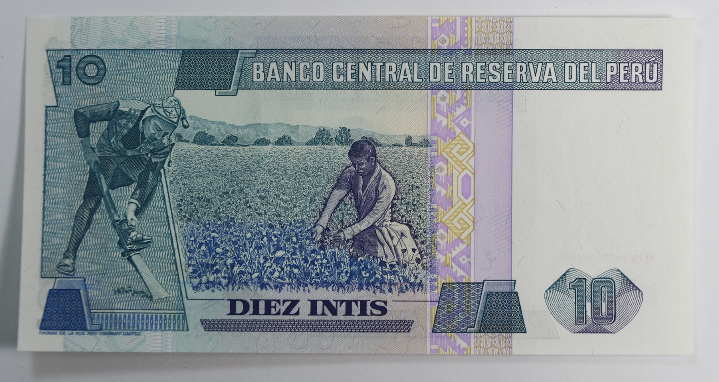 1986 Peru 10 Ten Intis Uncirculated Bank Farmer Note A8718032F