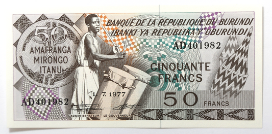 1977 Burundi 50 Francs Uncirculated Banknote AD401982