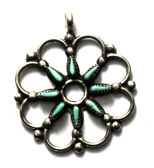 Sterling Turquoise Flower Snowflake Wire Petit Point Pendant 29mm x 25mm