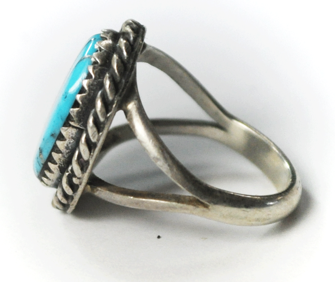 Sterling Silver Signed JF in Bear Turquoise Inlay 18mm Size 4 Ring