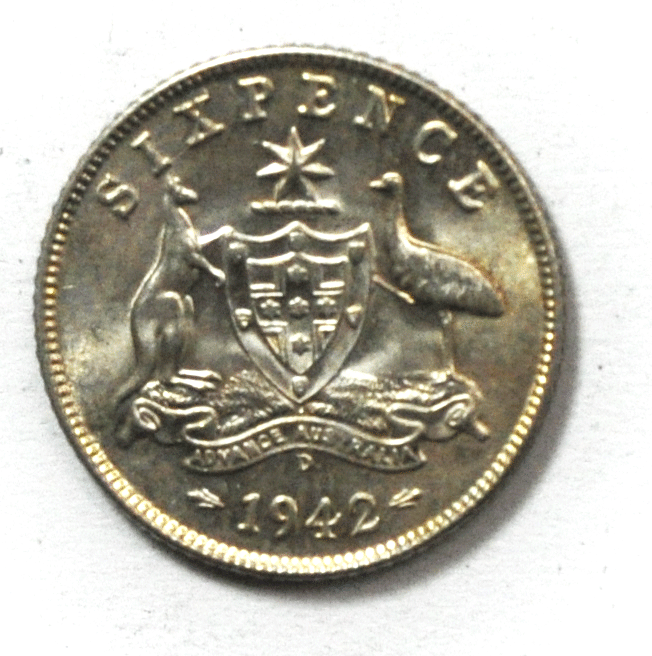 1942 D Australia 6 Six Pence Silver Coin KM#38 Uncirculated