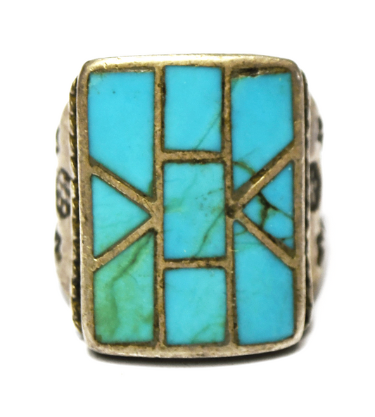 Sterling Silver Turquoise Rectangle Inlay Flower Sun Ring 24mm Size 10-1/4
