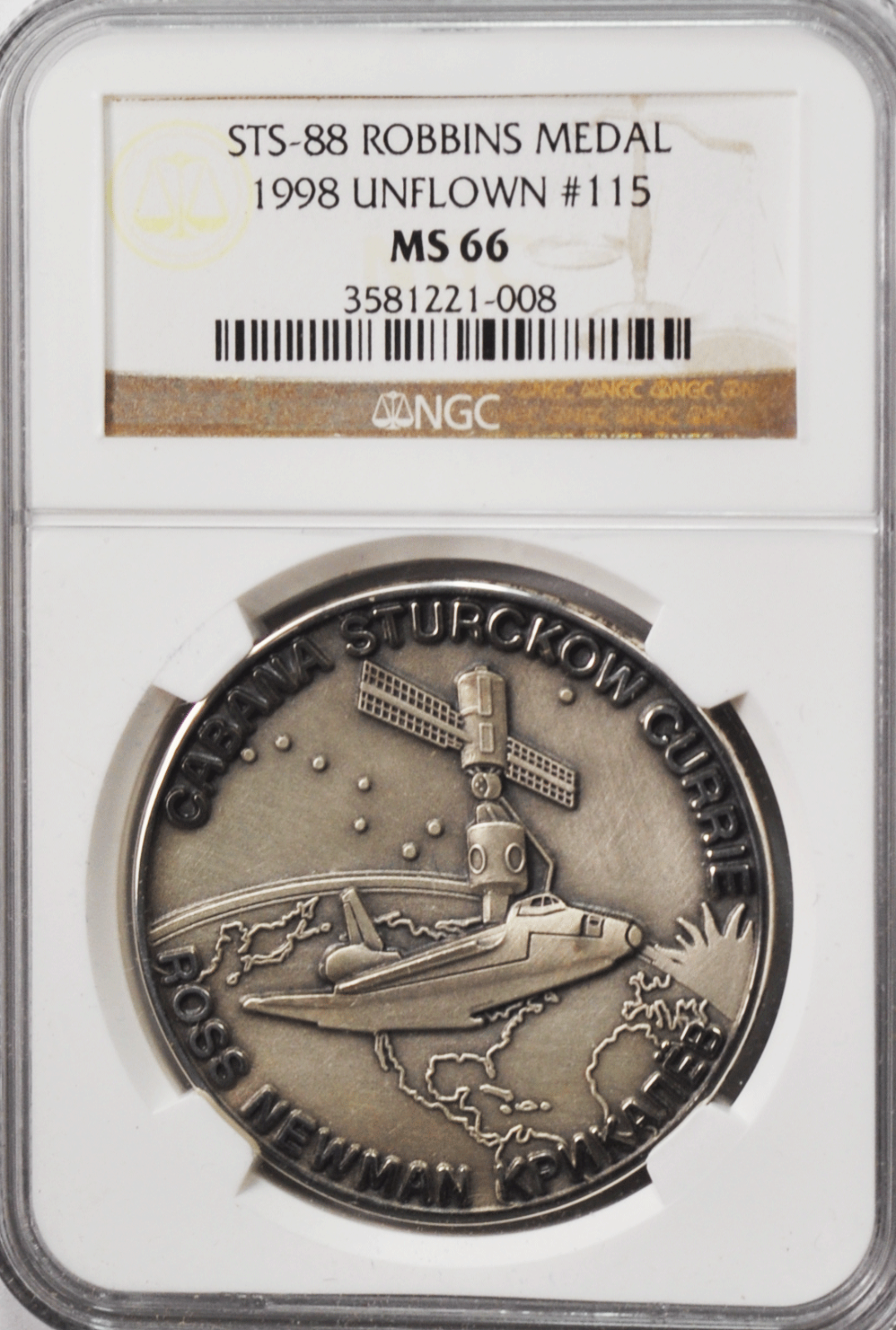 1998 STS-88 Robbins Silver Space Medal Unflown #115 NGC MS66 Endeavour