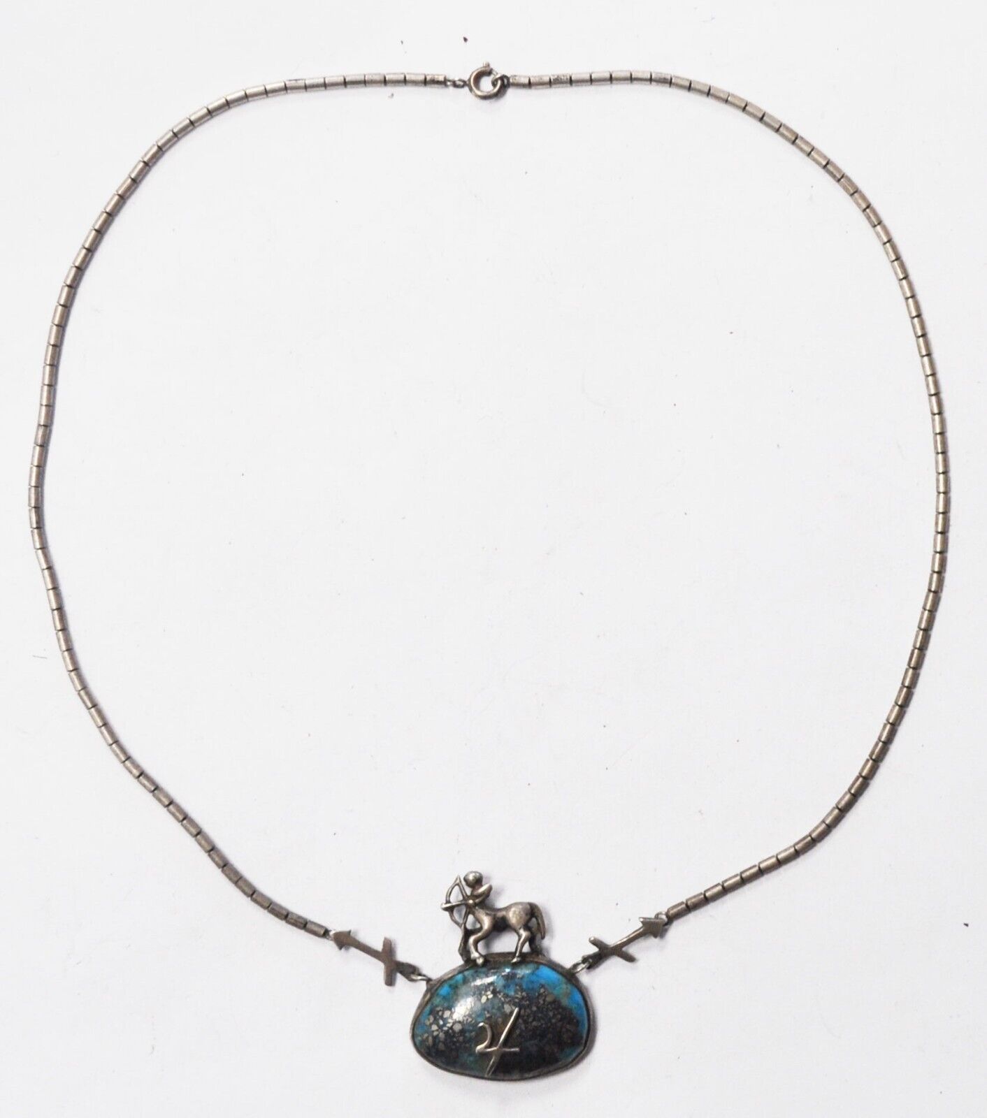 Sterling Sagittarius Oval Turquoise 33mm Pendant Arrow Necklace 18"