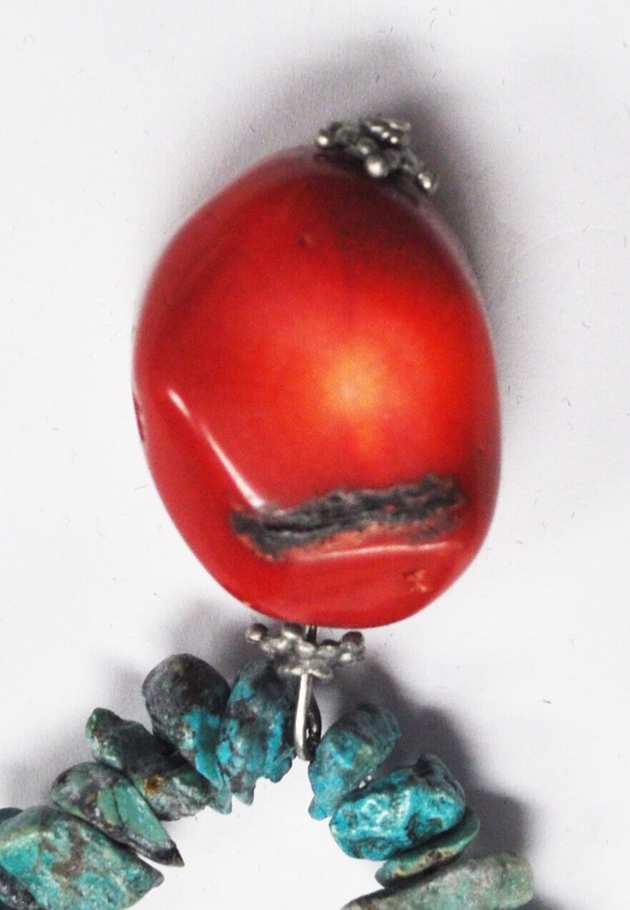 Silver Plate 30mm Coral Pendant Turquoise Chunk Bead Necklace 18"