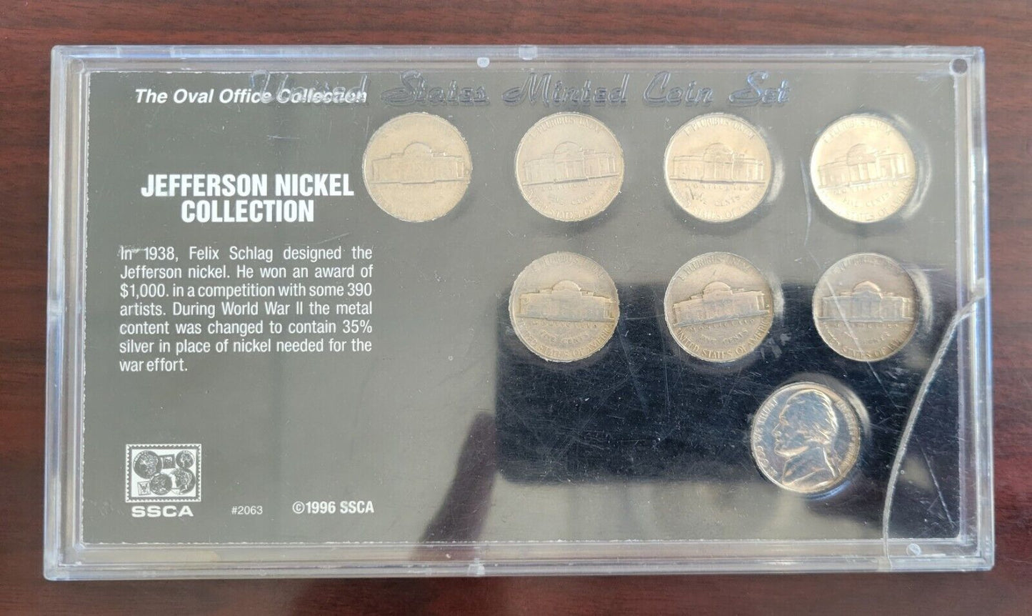 1996 Oval Office Collection 8 PC Jefferson Nickel Coin Set w Display Case SSCA