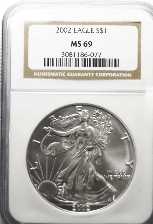 2002 $1 American Silver Eagle Silver Dollar NGC MS69 Fine Silver Gem