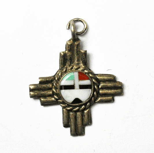 Antique 900 Fine Zuni Sun Inlay Shumakolowa Plus Shape Charm Pendant 21mm x 26mm