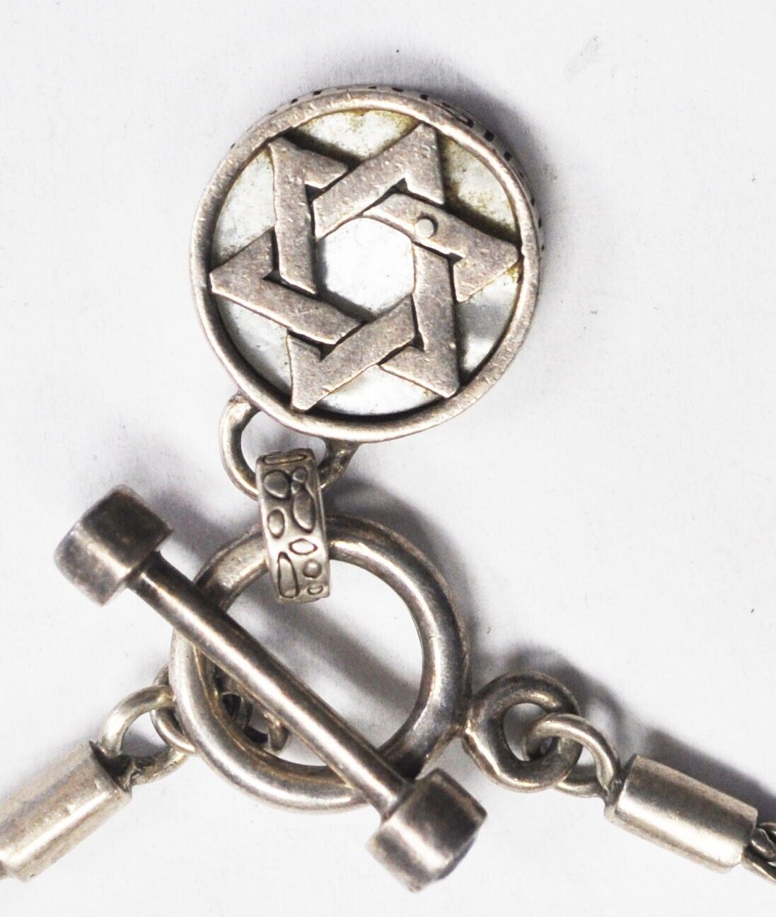 Sterling 15mm Star of David MOP Backdrop Wheat Chain Topaz Toggle Bracelet 7.5"
